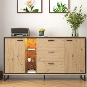 Dressoir met 2 deuren, 3 lades en glazen planken - spaanplaat - natuurlijke kleur en zwart metaal Merax
