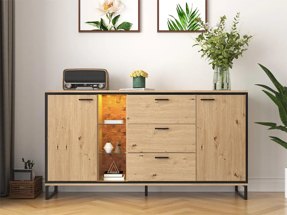 Dressoir met 2 deuren, 3 lades en glazen planken - spaanplaat - natuurlijke kleur en zwart metaal Merax