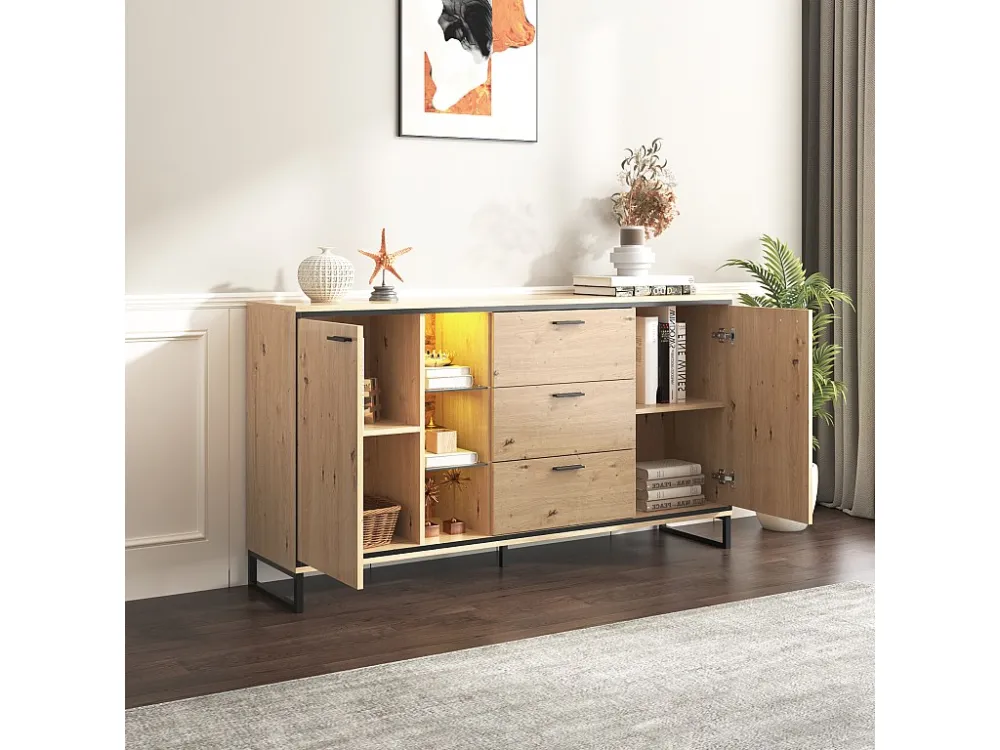 Dressoir met 2 deuren, 3 lades en glazen planken - spaanplaat - natuurlijke kleur en zwart metaal Merax