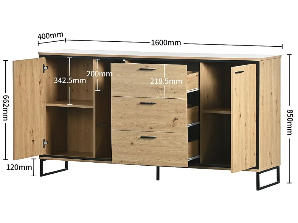 Dressoir met 2 deuren, 3 lades en glazen planken - spaanplaat - natuurlijke kleur en zwart metaal Merax