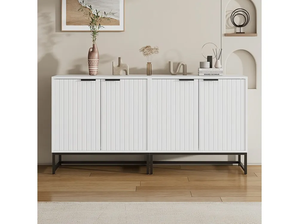 Dressoir met 4 deuren met handgrepen en metalen poten - Spaanplaat - Wit Merax