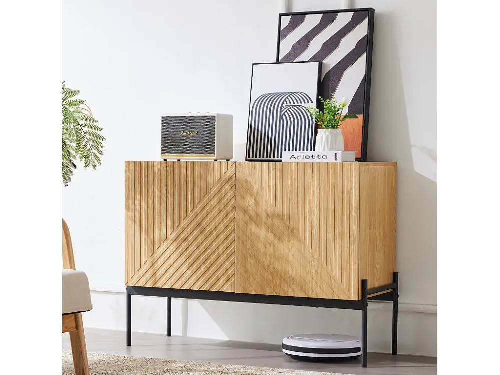 Dressoir met 2 deuren en metalen poten, ladekast met lineair ontwerp, spaanplaat, naturel, H 75 cm / B 100 cm / D 40 cm Merax