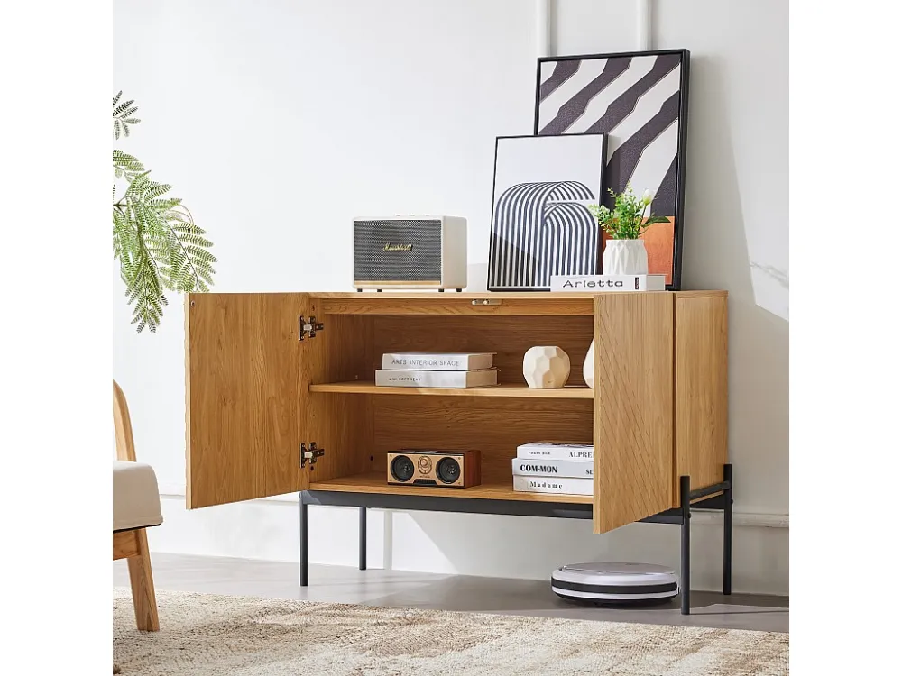 Dressoir met 2 deuren en metalen poten, ladekast met lineair ontwerp, spaanplaat, naturel, H 75 cm / B 100 cm / D 40 cm Merax