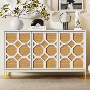 Dressoir met 3 deuren van getextureerd rotan - Verstelbare planken - Gouden poten - Spaanplaat - Wit + eiken Merax