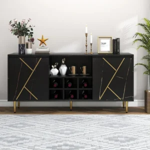 Dressoir met 2 deuren en wijnrek en plank voor 6 flessen - goud gestreept effect - zwart fineer en gouden poten Merax