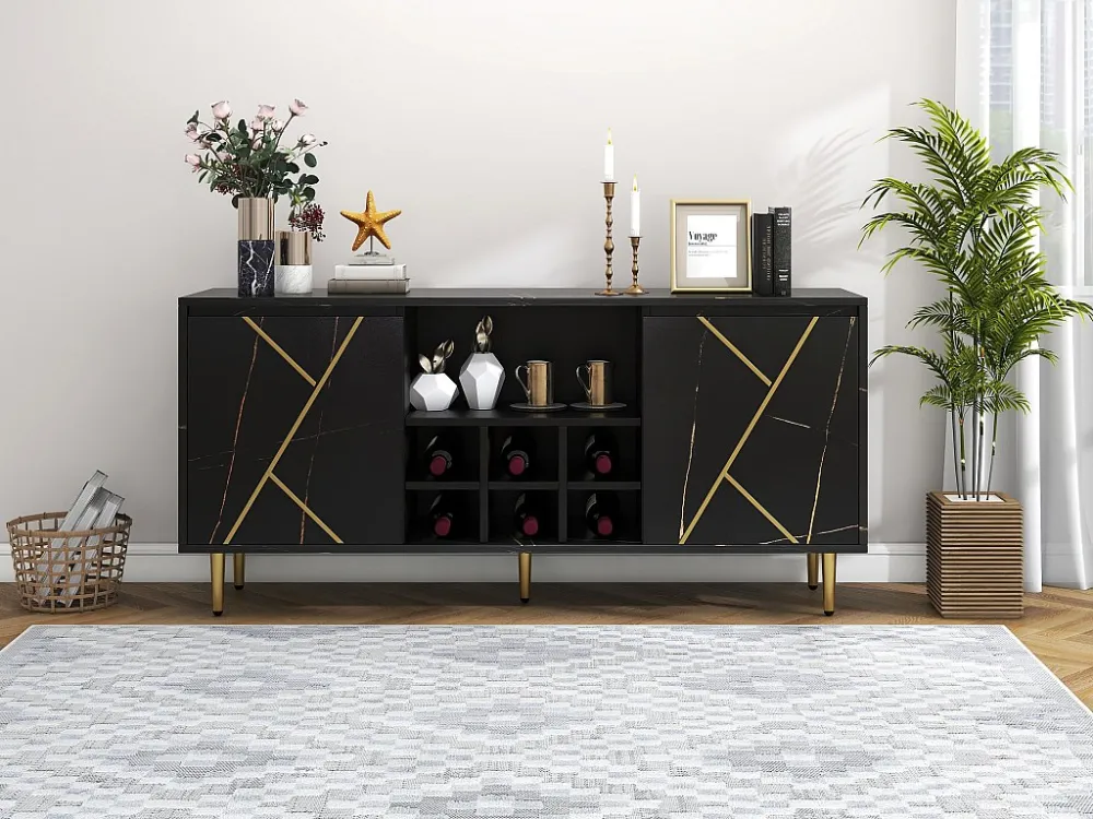 Dressoir met 2 deuren en wijnrek en plank voor 6 flessen - goud gestreept effect - zwart fineer en gouden poten Merax