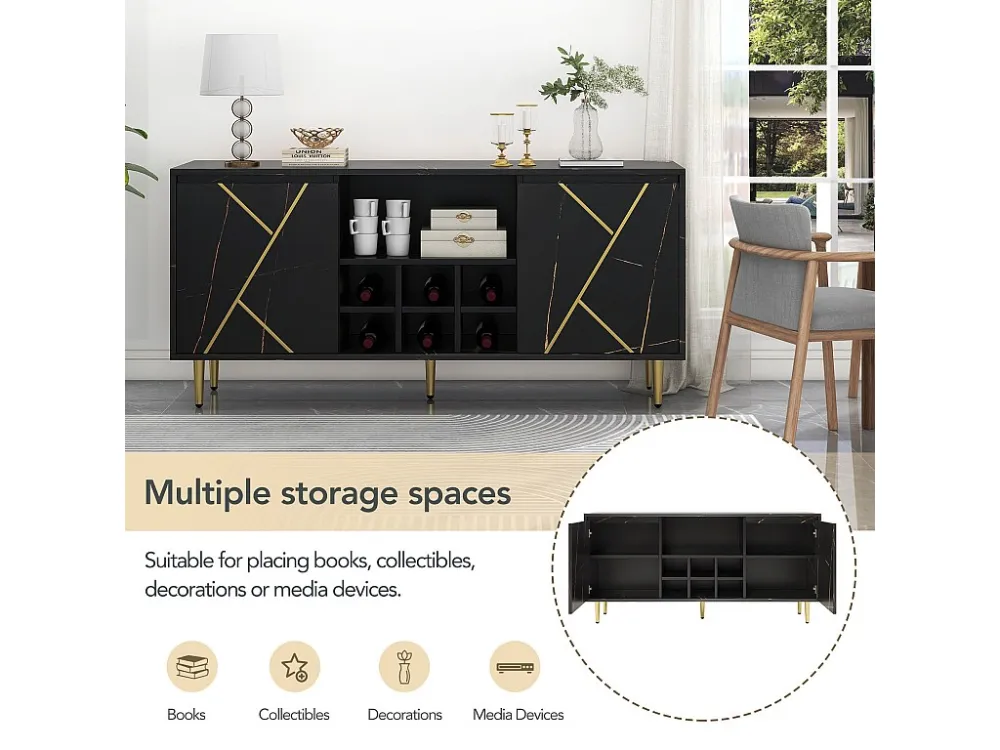 Dressoir met 2 deuren en wijnrek en plank voor 6 flessen - goud gestreept effect - zwart fineer en gouden poten Merax