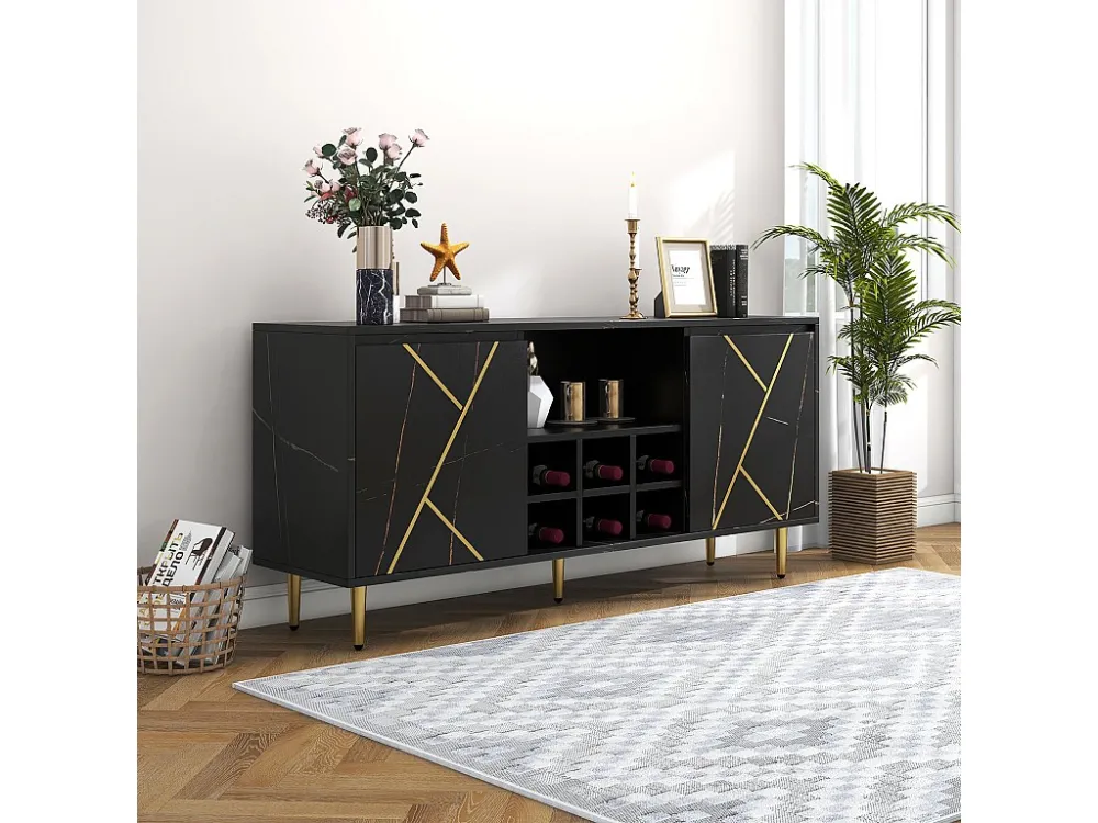 Dressoir met 2 deuren en wijnrek en plank voor 6 flessen - goud gestreept effect - zwart fineer en gouden poten Merax