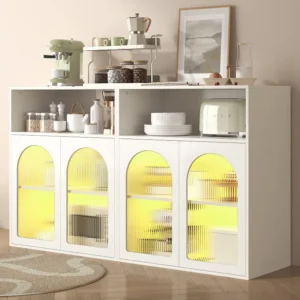 Dressoir met 4 glazen deuren en LED-licht - 140 x 35 x 90 cm - MDF hout - voor woonkamer, keuken - Wit Merax