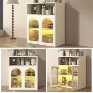 Dressoir met 2 glazen deuren en LED-licht - 70 x 35 x 90 cm - MDF hout - voor woonkamer, keuken - Wit Merax
