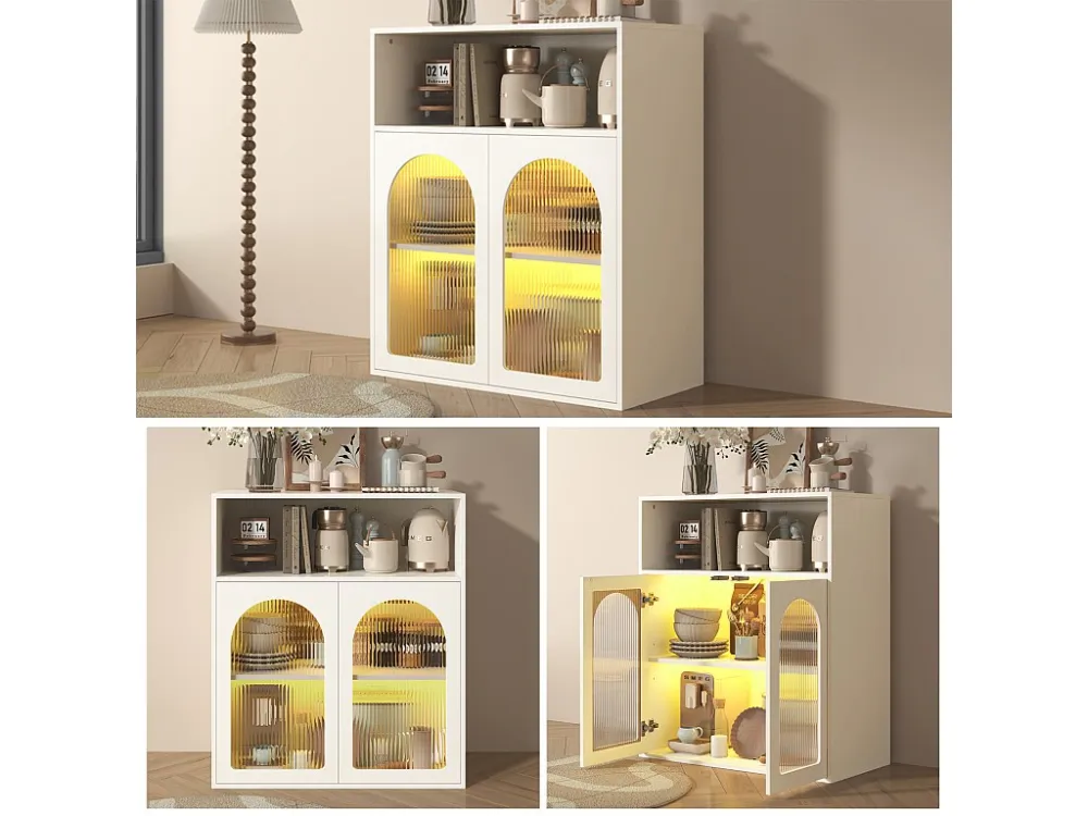 Dressoir met 2 glazen deuren en LED-licht - 70 x 35 x 90 cm - MDF hout - voor woonkamer, keuken - Wit Merax
