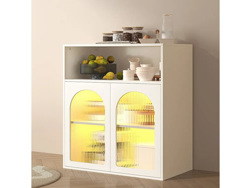 Dressoir met 2 glazen deuren en LED-licht - 70 x 35 x 90 cm - MDF hout - voor woonkamer, keuken - Wit Merax