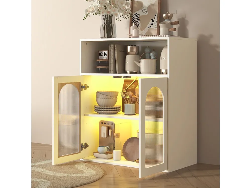 Dressoir met 2 glazen deuren en LED-licht - 70 x 35 x 90 cm - MDF hout - voor woonkamer, keuken - Wit Merax