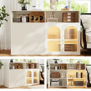 Dressoir met 2 glazen deuren en 2 magnetische deuren en 2 nissen - LED's - 140 x 35 x 90 cm - MDF hout - voor woonkam...