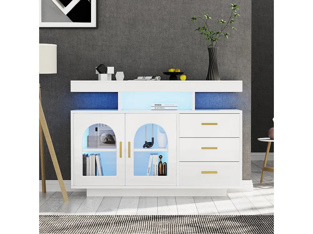 Dressoir met 3 laden en 2 acryldeuren - 120 x 40 x 80 cm - LED's - Spaanplaat - Wit Merax