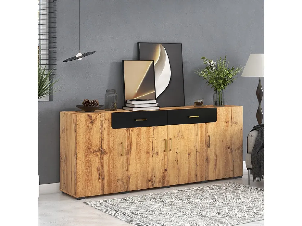 Dressoir met 2 laden en 4 deuren - 208 x 39,5 x 80 cm - houteffect - voor keuken woonkamer - zwart en eikenkleur Merax