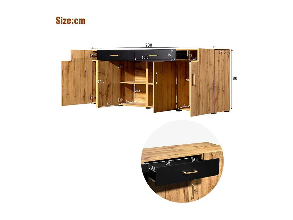 Dressoir met 2 laden en 4 deuren - 208 x 39,5 x 80 cm - houteffect - voor keuken woonkamer - zwart en eikenkleur Merax