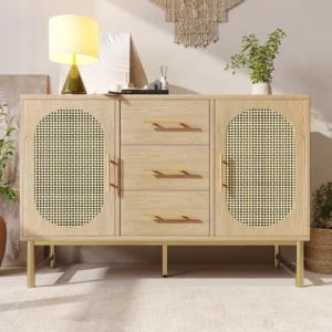 Dressoir met 3 laden en 2 rotan deuren - 120 x 40 x 74 cm - Verstelbare planken - Spaanplaat - Eiken Merax
