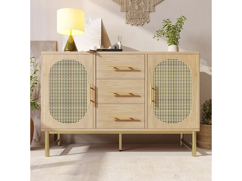 Dressoir met 3 laden en 2 rotan deuren - 120 x 40 x 74 cm - Verstelbare planken - Spaanplaat - Eiken Merax