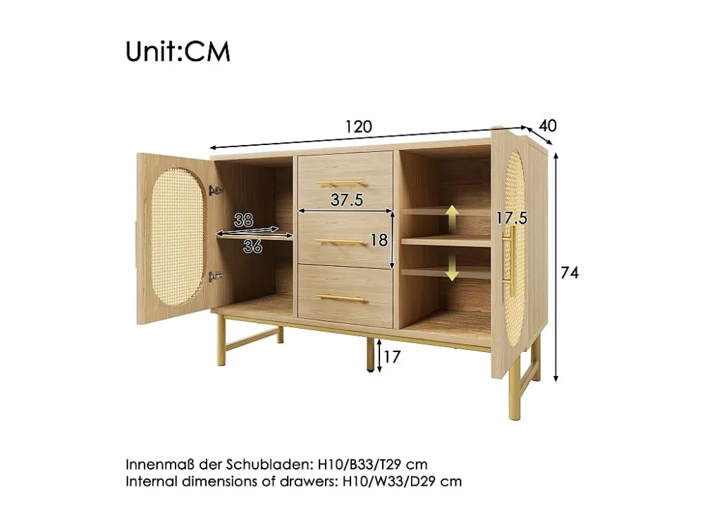 Dressoir met 3 laden en 2 rotan deuren - 120 x 40 x 74 cm - Verstelbare planken - Spaanplaat - Eiken Merax