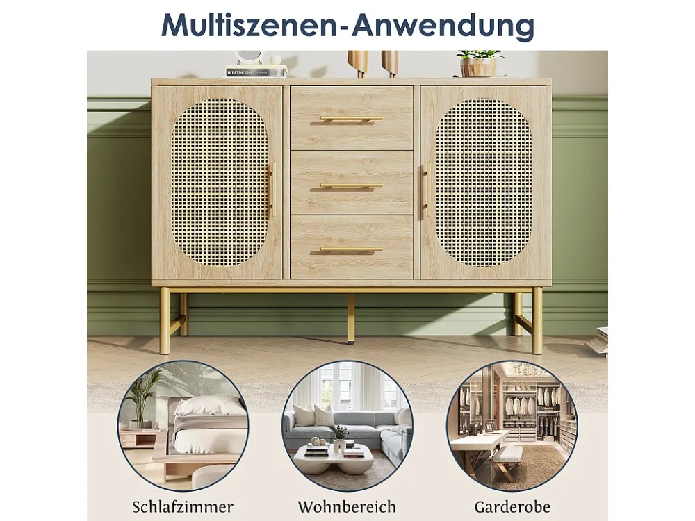 Dressoir met 3 laden en 2 rotan deuren - 120 x 40 x 74 cm - Verstelbare planken - Spaanplaat - Eiken Merax