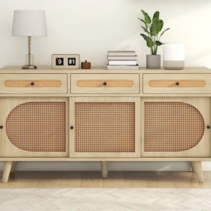 Dressoir met 3 laden en 3 schuifdeuren - rotan en spaanplaat - verstelbare planken - eikenkleur Merax