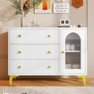 Dressoir met 3 lades en een glazen deur - 105,5 x 40 x 78 cm - Spaanplaat - Gouden handgrepen en poten - Wit Merax