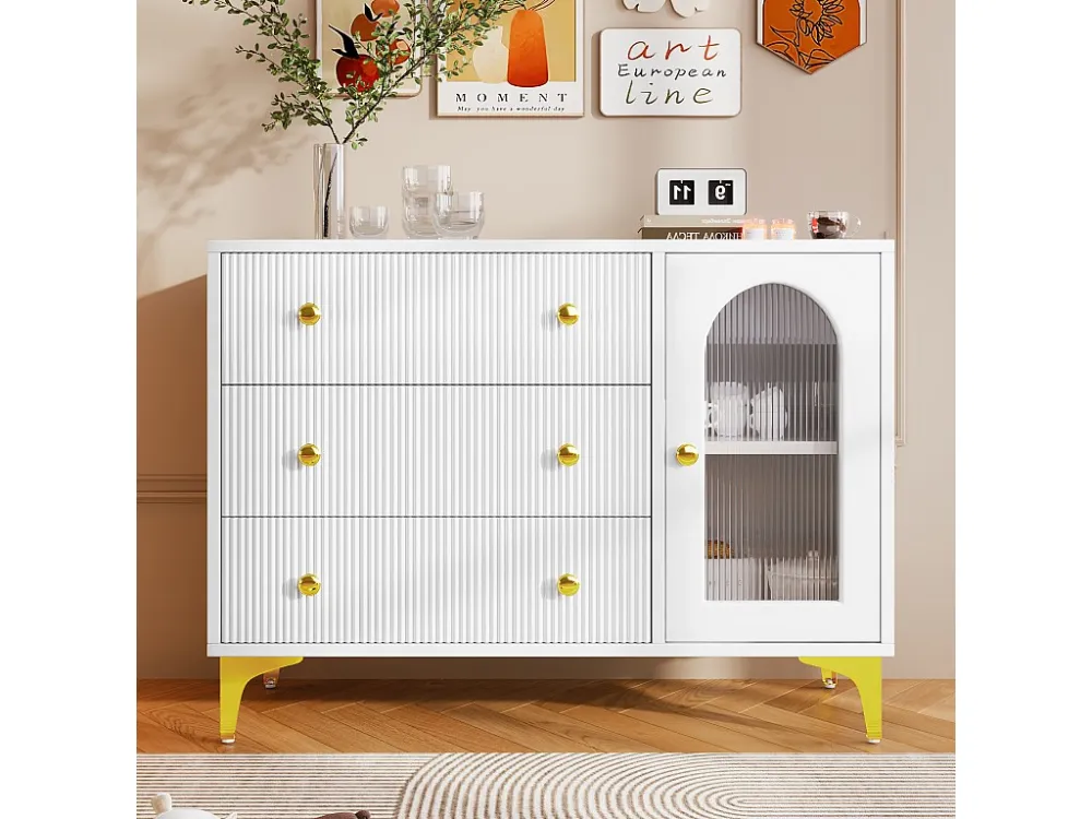 Dressoir met 3 lades en een glazen deur - 105,5 x 40 x 78 cm - Spaanplaat - Gouden handgrepen en poten - Wit Merax