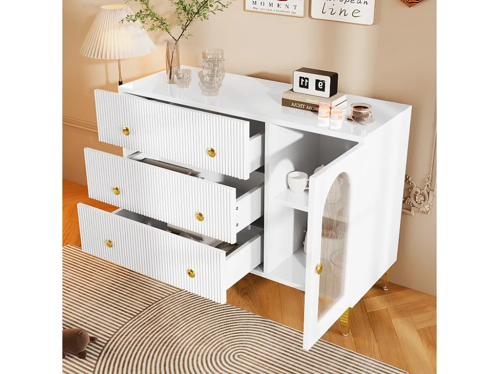 Dressoir met 3 lades en een glazen deur - 105,5 x 40 x 78 cm - Spaanplaat - Gouden handgrepen en poten - Wit Merax