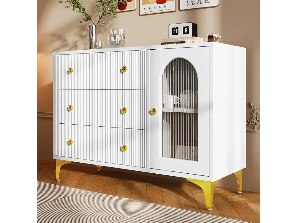 Dressoir met 3 lades en een glazen deur - 105,5 x 40 x 78 cm - Spaanplaat - Gouden handgrepen en poten - Wit Merax