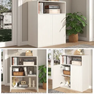 Dressoir met 2 magnetische deuren en 1 nis - 70 x 35 x 90 cm - MDF hout - Verticaal gestreept patroon - voor woonkamer, ke...