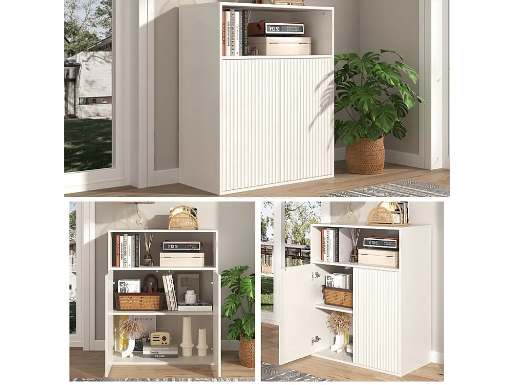 Dressoir met 2 magnetische deuren en 1 nis - 70 x 35 x 90 cm - MDF hout - Verticaal gestreept patroon - voor woonkamer, ke...