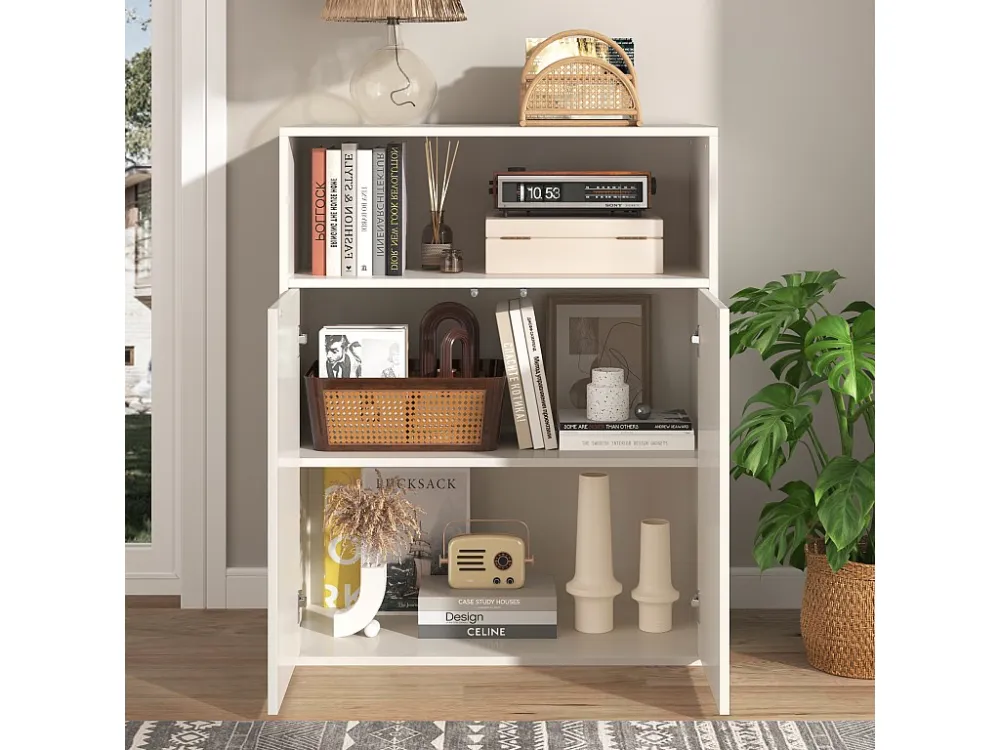 Dressoir met 2 magnetische deuren en 1 nis - 70 x 35 x 90 cm - MDF hout - Verticaal gestreept patroon - voor woonkamer, ke...