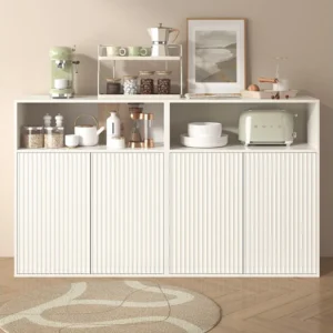 Dressoir met 4 magnetische deuren en 2 nissen - 140 x 35 x 90 cm - MDF hout - Verticaal gestreept patroon - voor woonkamer...