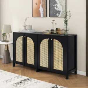 Dressoir met 4 rotan deuren - 145 x 40 x 80 cm - MDF hout en spaanplaten - zwart + eikenkleur Merax