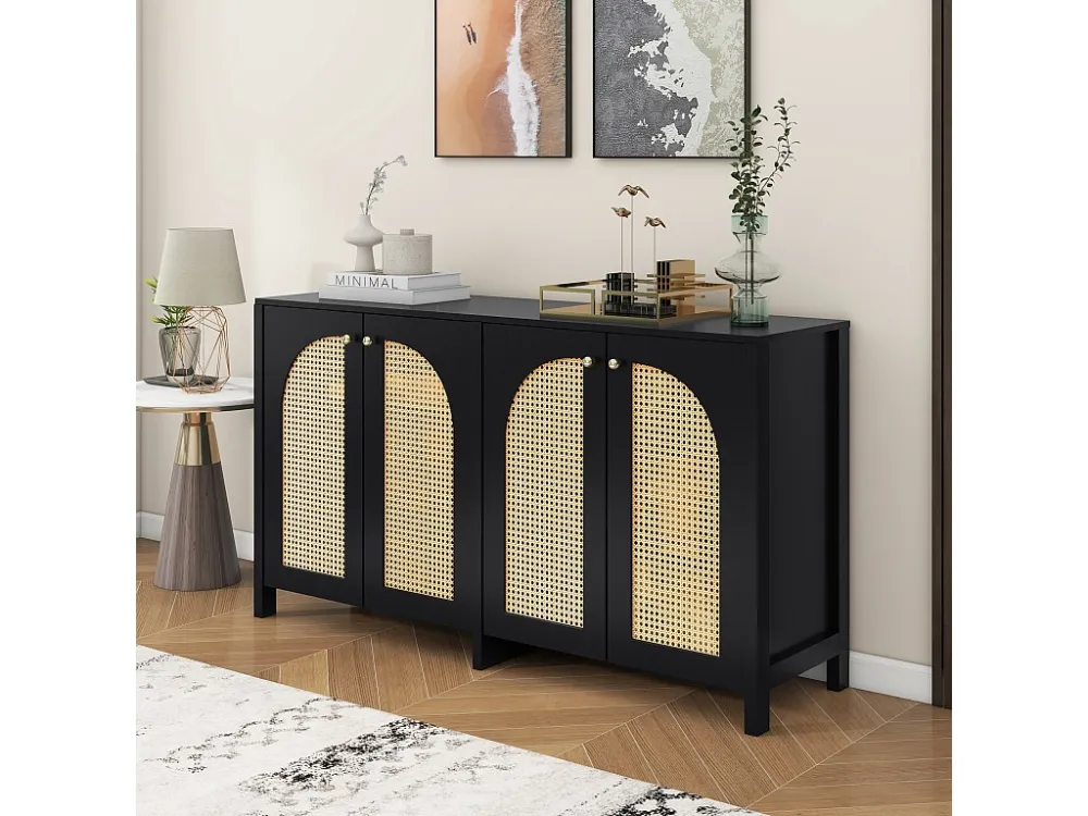 Dressoir met 4 rotan deuren - 145 x 40 x 80 cm - MDF hout en spaanplaten - zwart + eikenkleur Merax