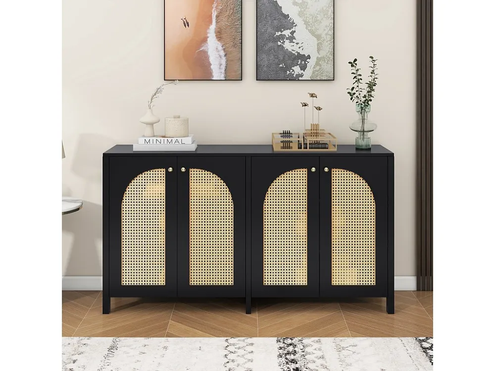 Dressoir met 4 rotan deuren - 145 x 40 x 80 cm - MDF hout en spaanplaten - zwart + eikenkleur Merax