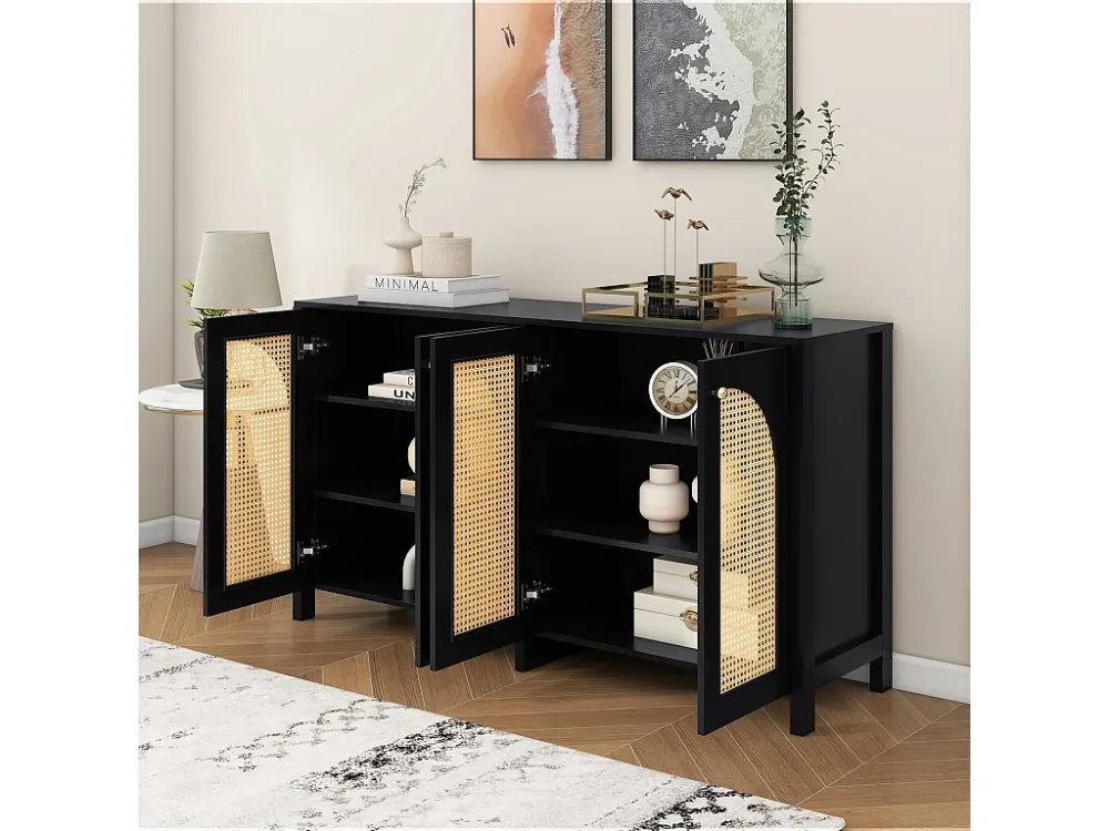 Dressoir met 4 rotan deuren - 145 x 40 x 80 cm - MDF hout en spaanplaten - zwart + eikenkleur Merax