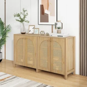 Dressoir met 4 rotan deuren - 145 x 40 x 80 cm - MDF hout en spaanplaten - natuurlijke kleur Merax