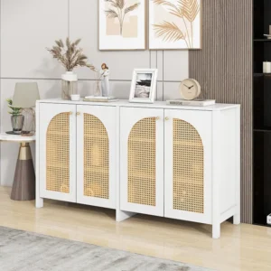 Dressoir met 4 rotan deuren - 145 x 40 x 80 cm - MDF hout en spaanplaten - wit + eikenkleur Merax