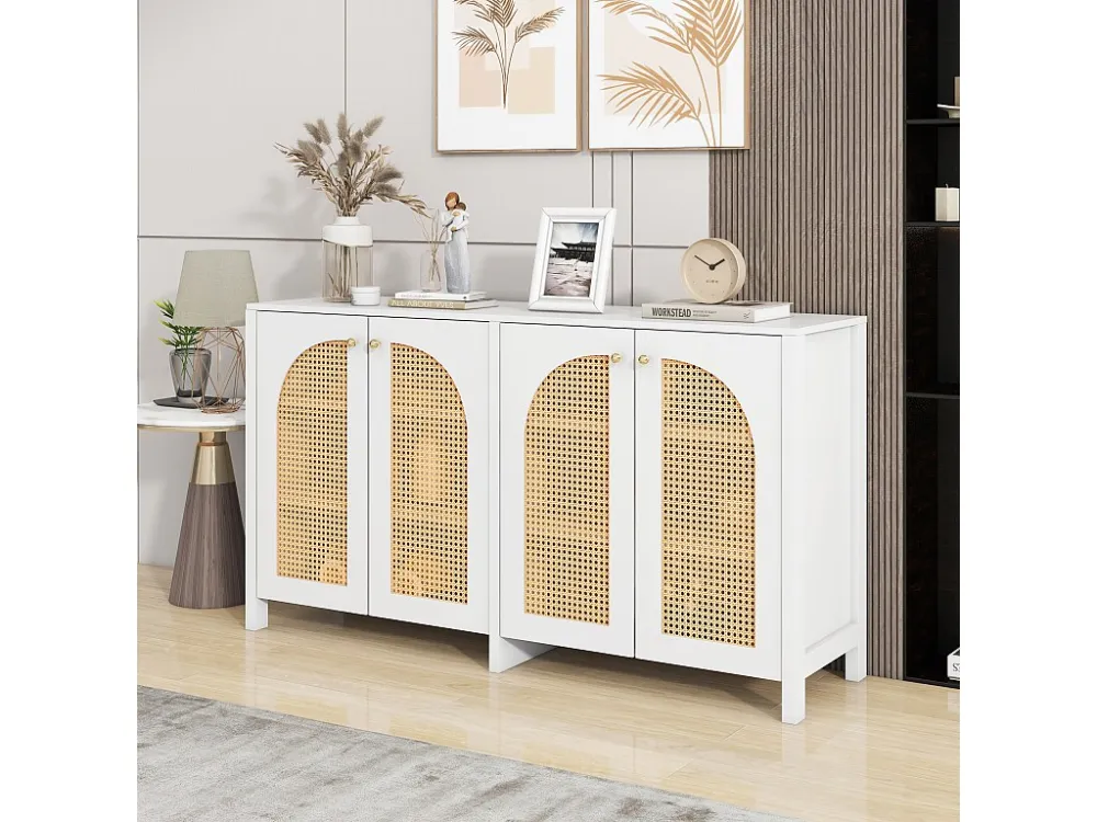 Dressoir met 4 rotan deuren - 145 x 40 x 80 cm - MDF hout en spaanplaten - wit + eikenkleur Merax