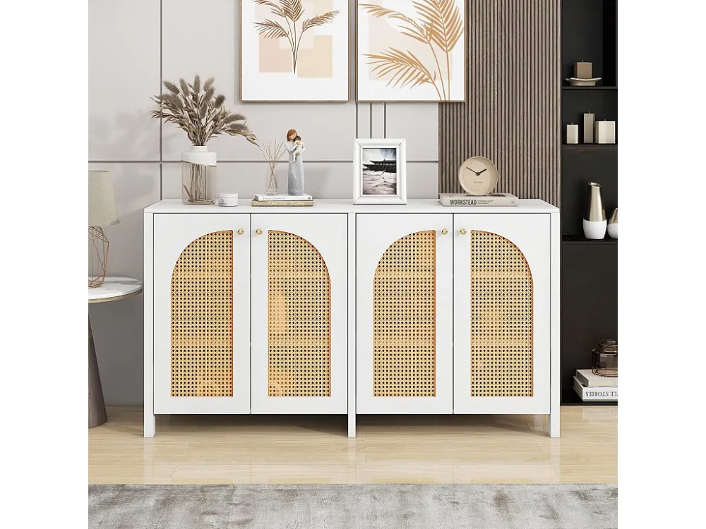 Dressoir met 4 rotan deuren - 145 x 40 x 80 cm - MDF hout en spaanplaten - wit + eikenkleur Merax