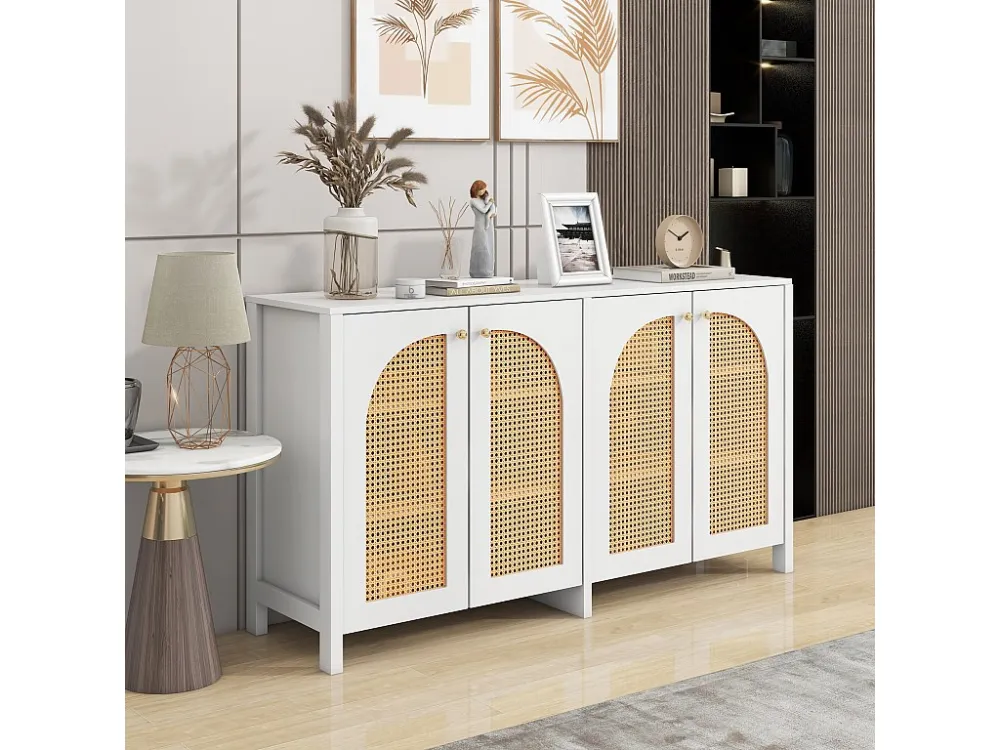 Dressoir met 4 rotan deuren - 145 x 40 x 80 cm - MDF hout en spaanplaten - wit + eikenkleur Merax