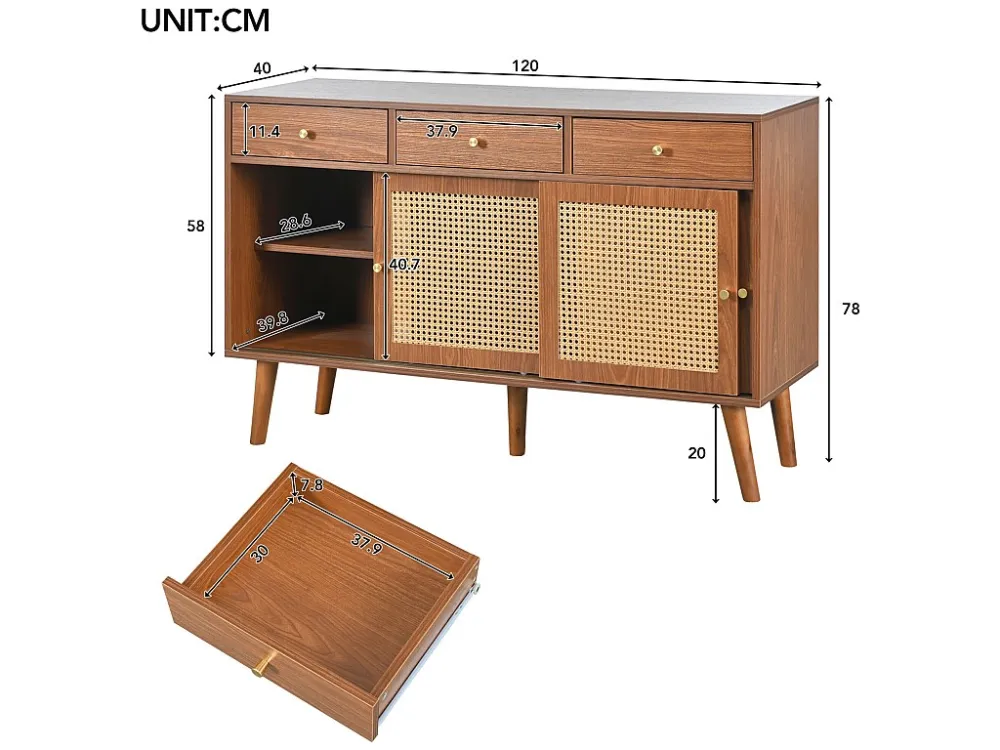 Dressoir met 3 schuifdeuren en 3 laden MDF - rotaneffect - walnootkleur Merax