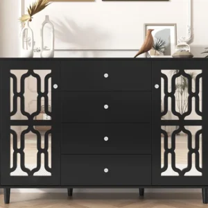 Dressoir met 2 spiegeldeuren en 4 MDF laden - kristallen handgrepen - zwart gelakt Merax