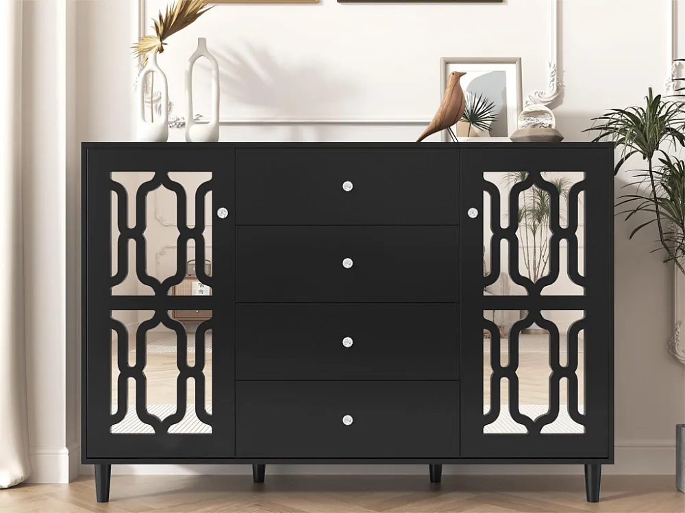 Dressoir met 2 spiegeldeuren en 4 MDF laden - kristallen handgrepen - zwart gelakt Merax