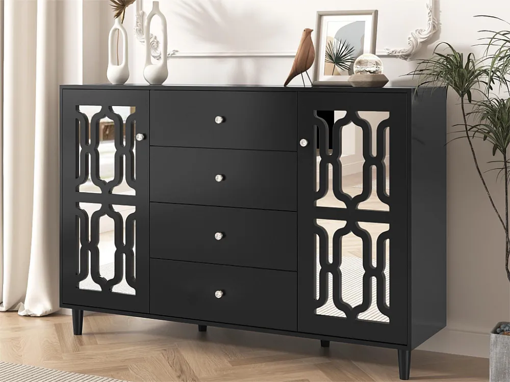 Dressoir met 2 spiegeldeuren en 4 MDF laden - kristallen handgrepen - zwart gelakt Merax
