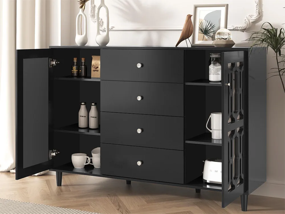 Dressoir met 2 spiegeldeuren en 4 MDF laden - kristallen handgrepen - zwart gelakt Merax