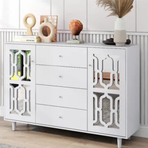 Dressoir met 2 spiegeldeuren en 4 MDF laden - kristallen handgrepen - wit gelakt Merax