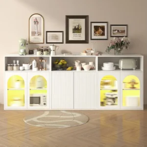 Dressoir, Opbergkast met 6 deuren - 210 x 35 x 90 cm - MDF hout, LED - voor keuken, woonkamer - Wit Merax